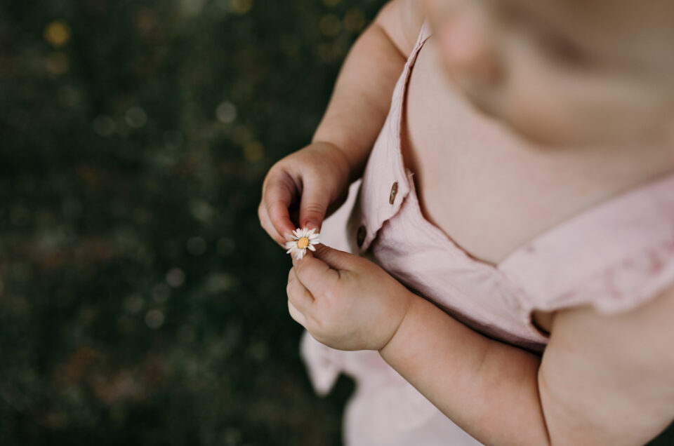 Little girl is holding a daisy flower in her hands. She is wearing a light pink dress. Family lifestyle photographer in Basingstoke | Ewa Jones Photography