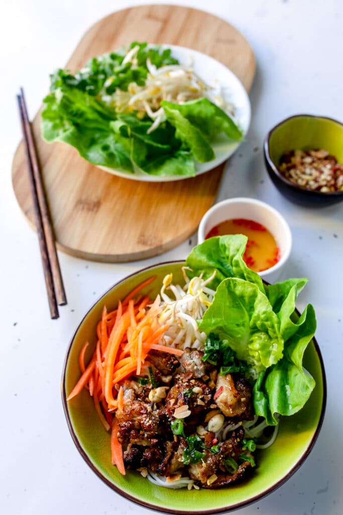 Beutiful Vietnamese food served with herbs and sauces. Food photography in Hampshire. Ewa Jones Photography