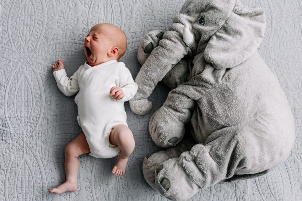 Newborn baby boy is laying next to plush elephant. the boy is wearing baby grow and yawning. natural lifestyle newborn photography in Hampshire. Ewa Jones Photography