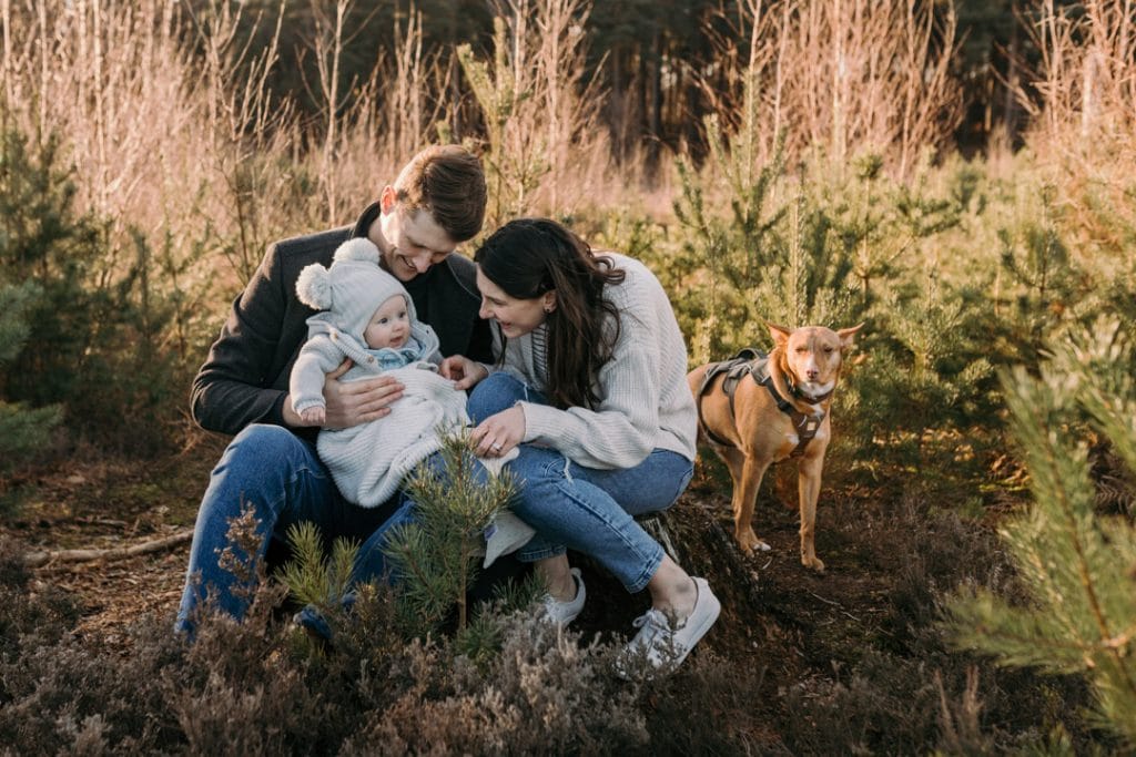 Mum and dad are looking at their baby boy and smiling to him. They are surrounded in a beautiful nature common. Natural lifestyle photoshoot in Hampshire. Outdoor family photo session in the winter. Ewa Jones Photography