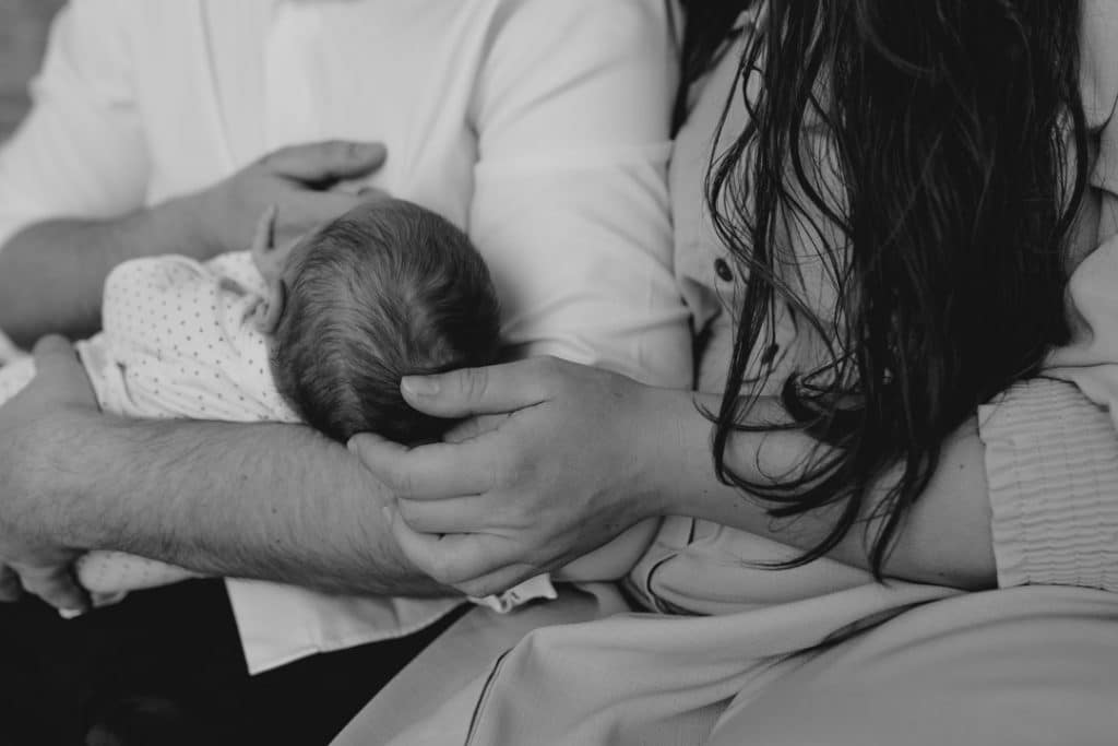 Black and white newborn image. Lifestyle Newborn photoshoot in London