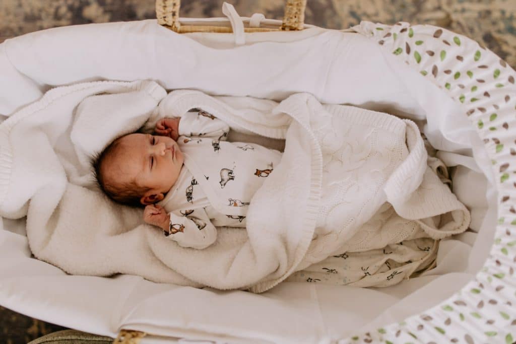Newborn baby girl is laying in her Moses basket. Newborn lifestyle photo shoot in Hampshire. Hampshire photographer. Ewa Jones Photography