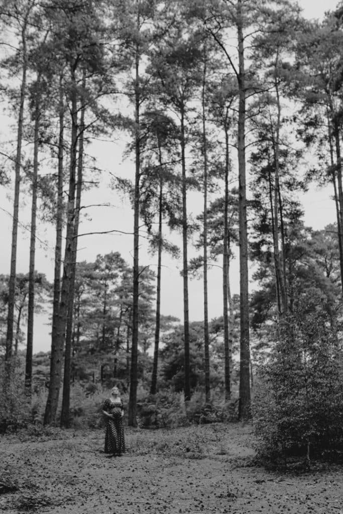 lovely photograph of expecting mum looking up to the sky. she is surrounded by beautiful tall trees. Maternity photo shoot in Hampshire. Ewa Jones Photography