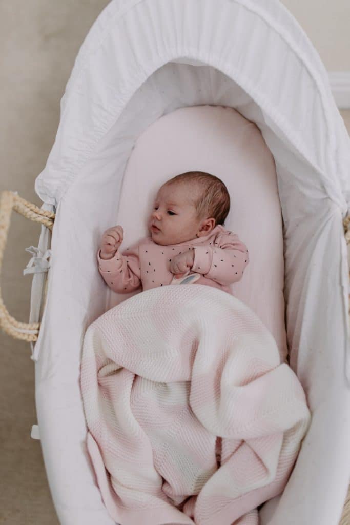 bbay girl is laying in her moses basket. Newborn photoshoot in Basingstoke. Ewa Jones Photography