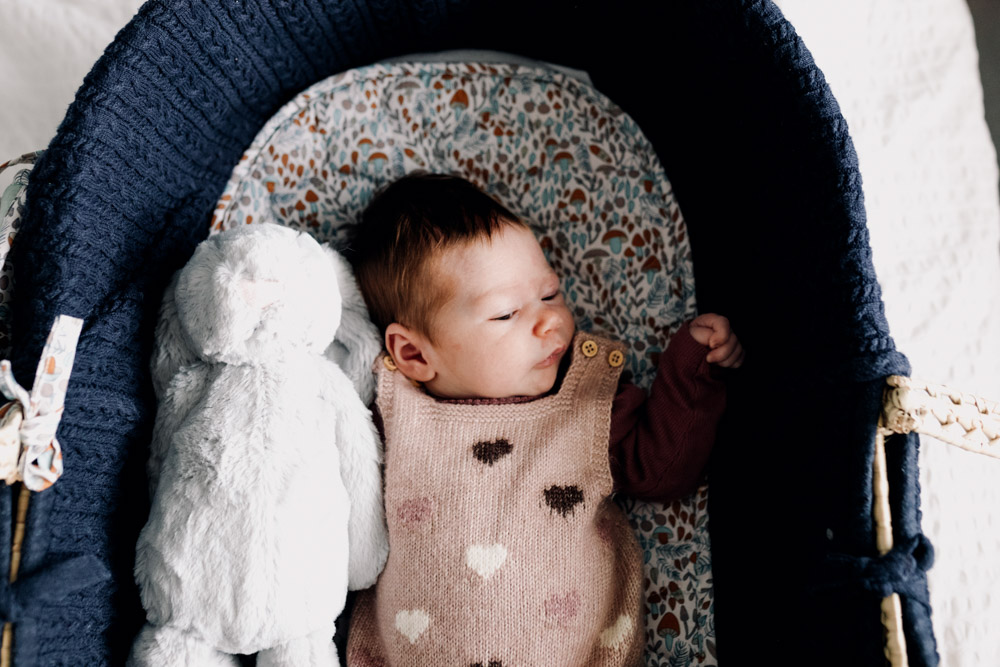 newborn baby is laying in the moses basket. Ewa Jones Photography. Hampshire photographer.
