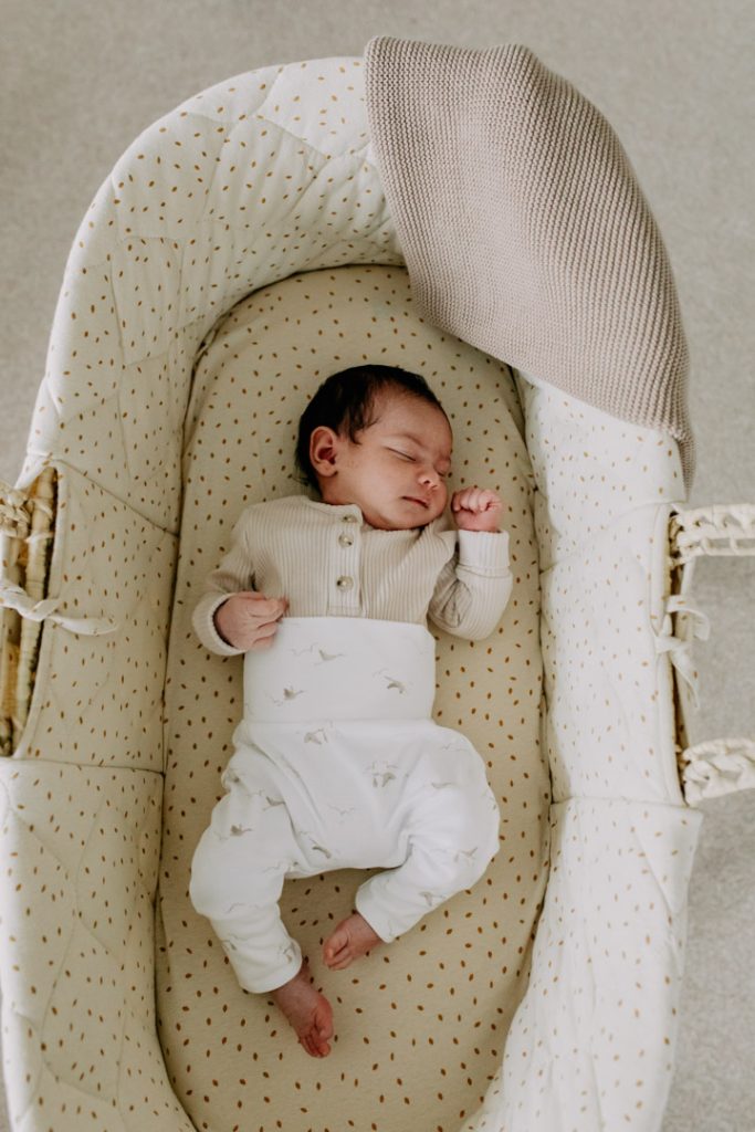 baby is sleeping in Moses basket. must have newborn photo session. Newborn photo shoot in Hampshire. Ewa Jones Photography